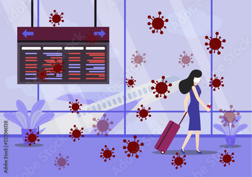 Travelers with baggage wearing masks to prevent coronavirus covid-19. People wearing face mask with suitcases Customer check in Service counter Airport Covid-19