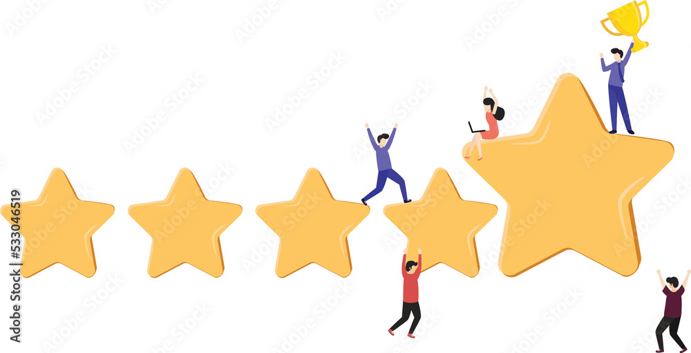 Fototapeta premium Customer review rating. Man and woman customer giving star rating, Customer Review.Positive online feedback.