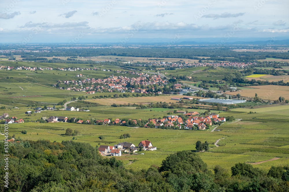  view from notre dame du Schauenberg to the Alsace region and village Pfaffenheim, France