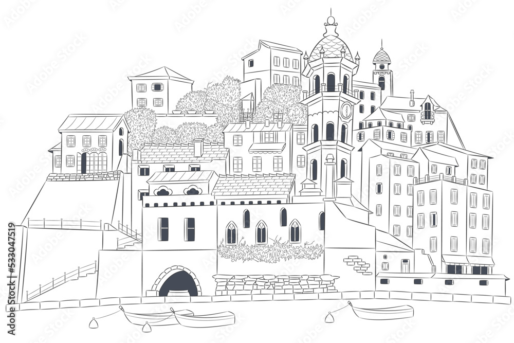Black and white drawing of the Italian village Vernazza isolated on a white background.