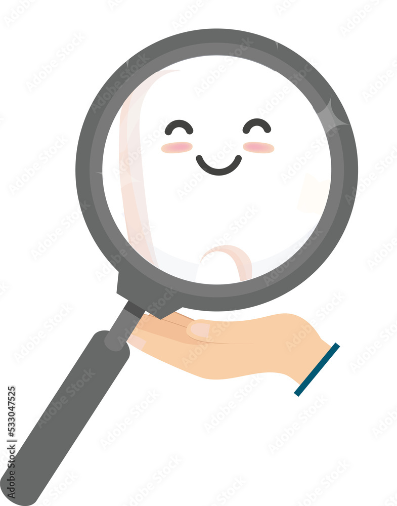 Healthy teeth with magnifying glass. Realistic white shining human tooth with roots in gums, enamel whitening treatment, dentist hygienist, dental oral care protection, Healthy teeth with magnifying glass. Realistic white shining human tooth with roots in gums, enamel whitening treatment, dentist hygienist, dental oral care protection,