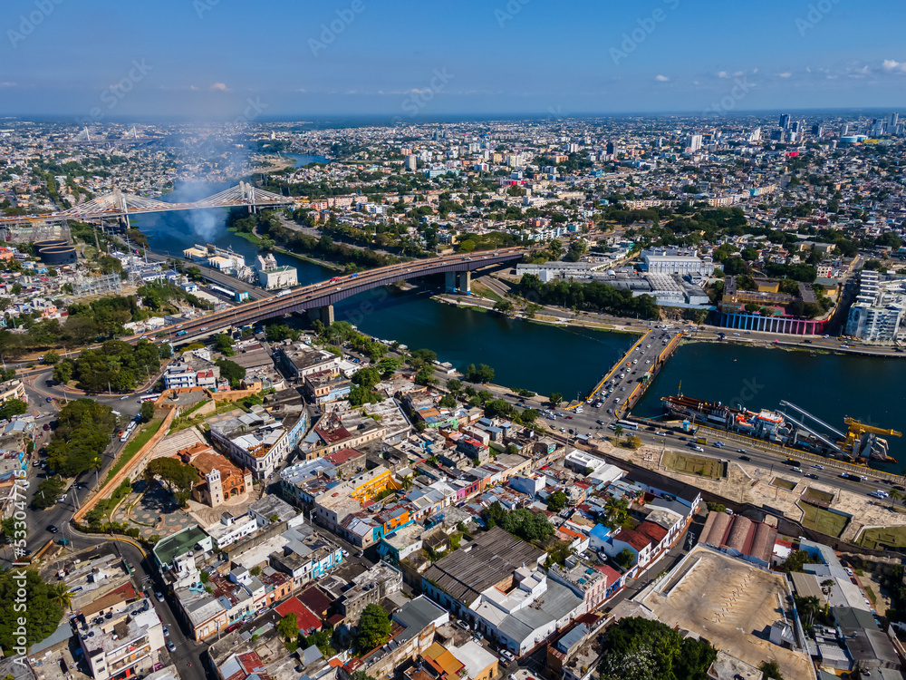 Obraz premium Beautiful aerial view of the City of San Domingo, its buildings and Caribbean ocean, in Dominican Republic