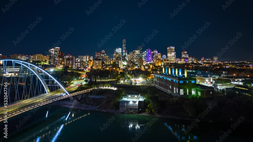 Walterdale Bridge and Edmonton skyline at night, Drone Hyperlapse
