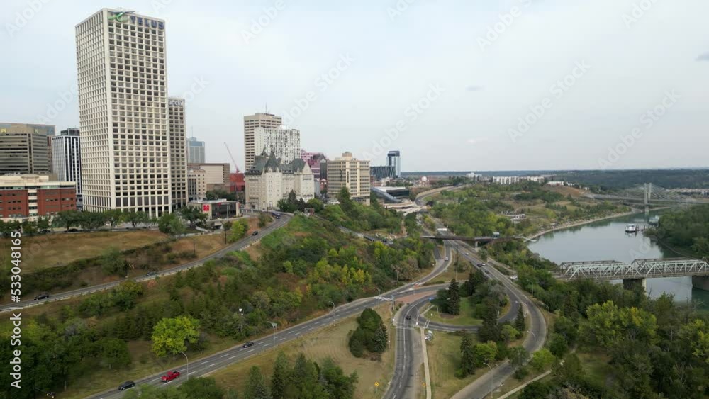 Buidings overlook the North Saskatchewan River and river valley in Edmonton
