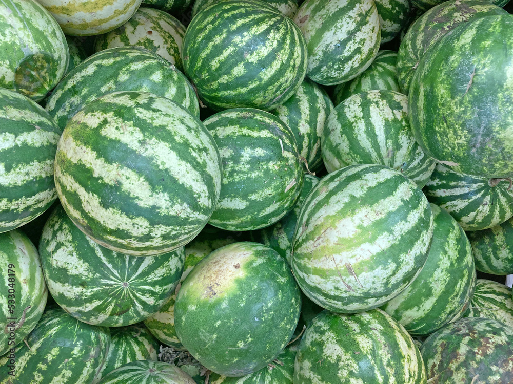 Several large sweet green watermelons and cut watermelons, several large sweet green watermelons are placed on a wooden table on a natural background for sale. Several large sweet green watermelons and cut watermelons, several large sweet green watermelons are placed on a wooden table on a natural background for sale.