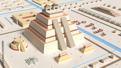 Mexico tenochtitlan pyramid aztec 3d representation (templo mayor), can be used to represent a pre columbian mesoamerican culture, archaeology, lost city photo