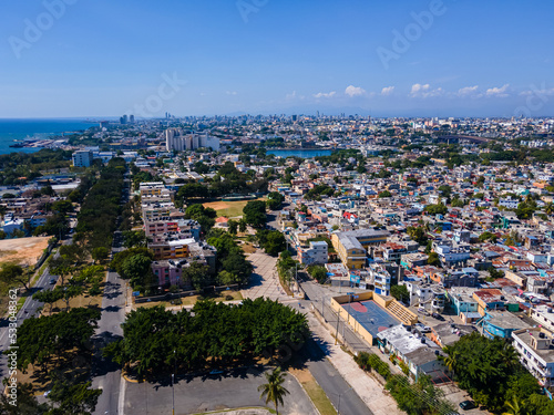 Beautiful aerial view of the City of San Domingo, its buildings and Caribbean ocean, in Dominican Republic