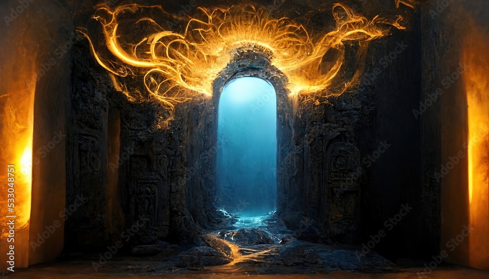 Two portals located opposite each other with magical symbols in a mountain cave. the first portal with a bright yellow glow and the second portal with a blue glow. 3d render, - obrazy, fototapety, plakaty 