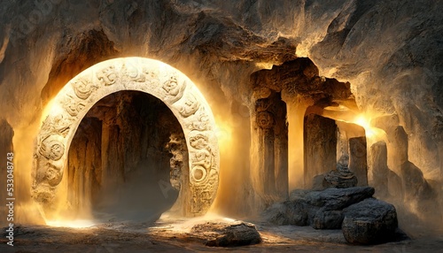 Portal in stone arch with magical symbols in mountain cave. Gate to alien worlds in ancient temple. Fantasy scene 3d illustration. 3d render © DZMITRY
