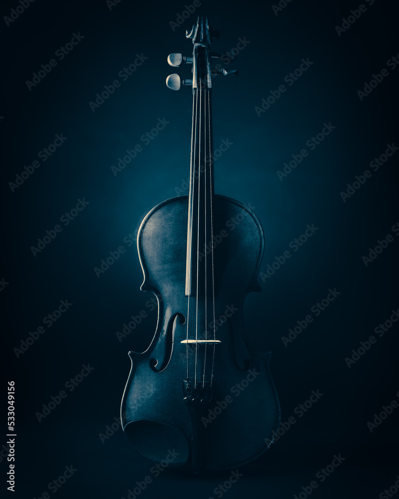 violin on a blue and black background, monochrome violin on a blue and black background, monochrome