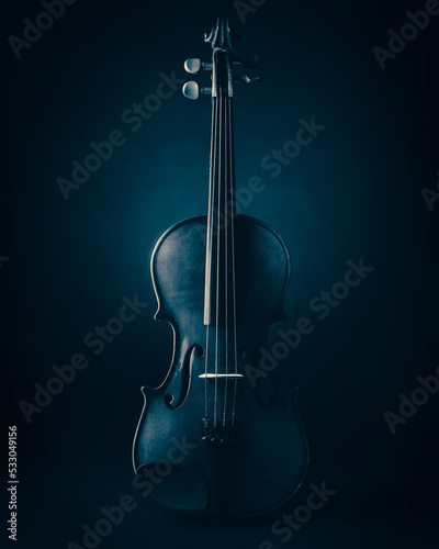 violin on a blue and black background, monochrome