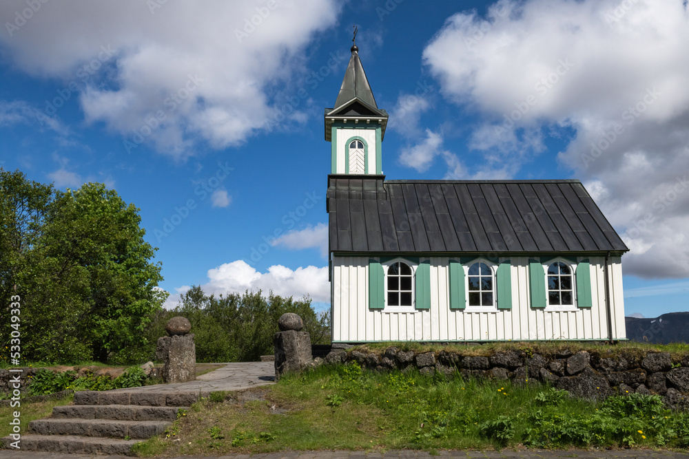 Icelandic church in Thingvellir National Park, a UNESCO World Heritage-listed. Dating back to 1859, Thingvellir church is originally called Þingvallakirkja. 