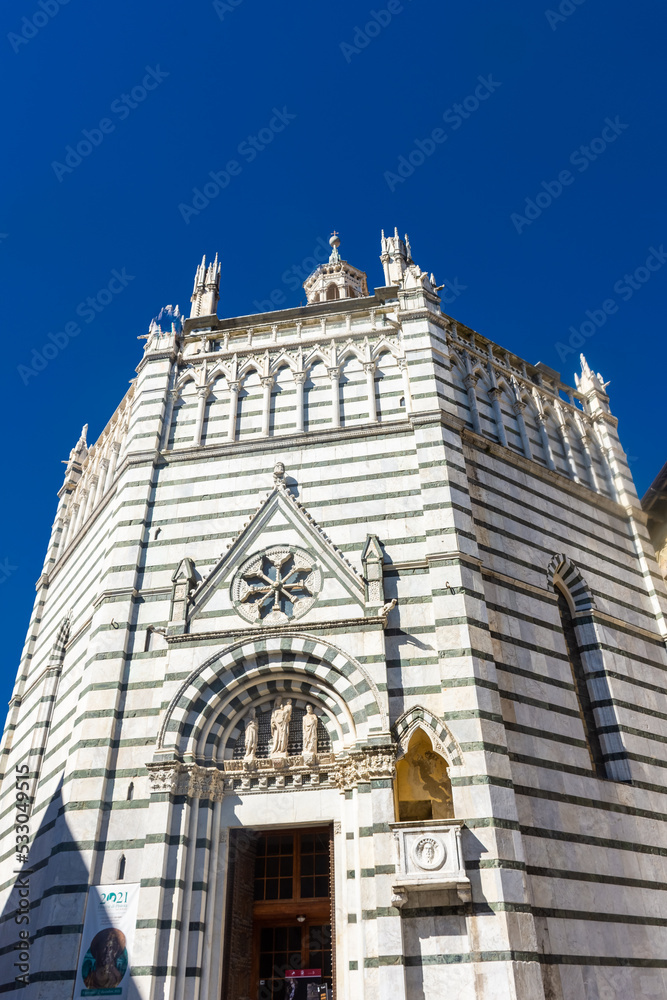 Pistoia, Italy, 18 April 2022:  View of the Baptistery of Pistoia
