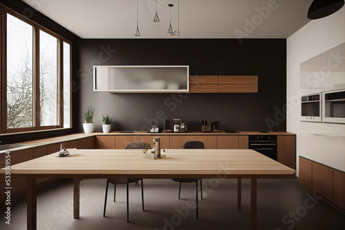 Interior of a modern luxury kitchen, wooden countertop worktop, 3d render, 3d illustration