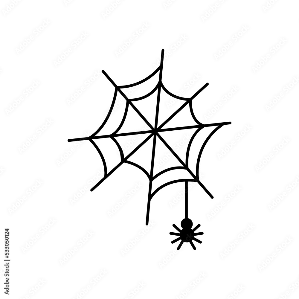 Cobweb halloween doodle line art. Cobweb with spider cartoon art. Hand drawn clipart, outline vector illustration isolated on white background.