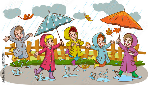 Smiling Little Kids Jumping in a Puddle in Rainy Day Vector Illustration
