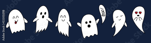 Halloween ghost doodle set. Cartoon cute characters . Hand drawn clipart, outline vector illustration isolated on dark blue background.