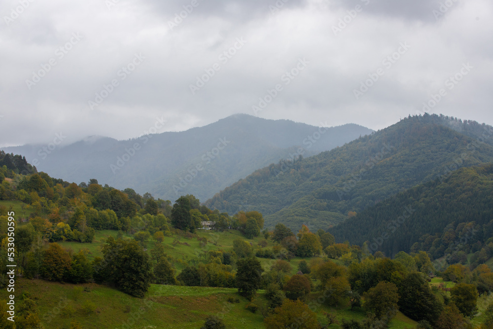 Landscape from a rural area in Transylvania on a rainy day