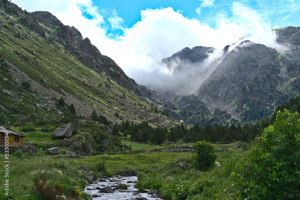 Mountain Landcape in Andorra during spring season : water flowing down in a valley