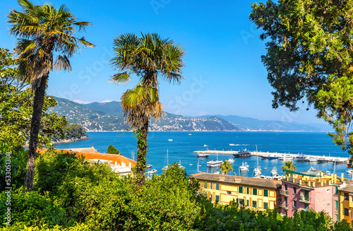 Beautiful summer view of Santa Margherita Ligure harbour. Mediterranean seacoat near luxury sea resort Portofino, Metropolitan City of Genoa, Italy