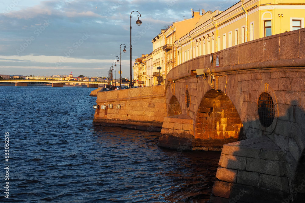 Prachechny or Laundry bridge. Road stone arch bridge across the Fontanka River in St. Petersburg. One of the first stone bridges