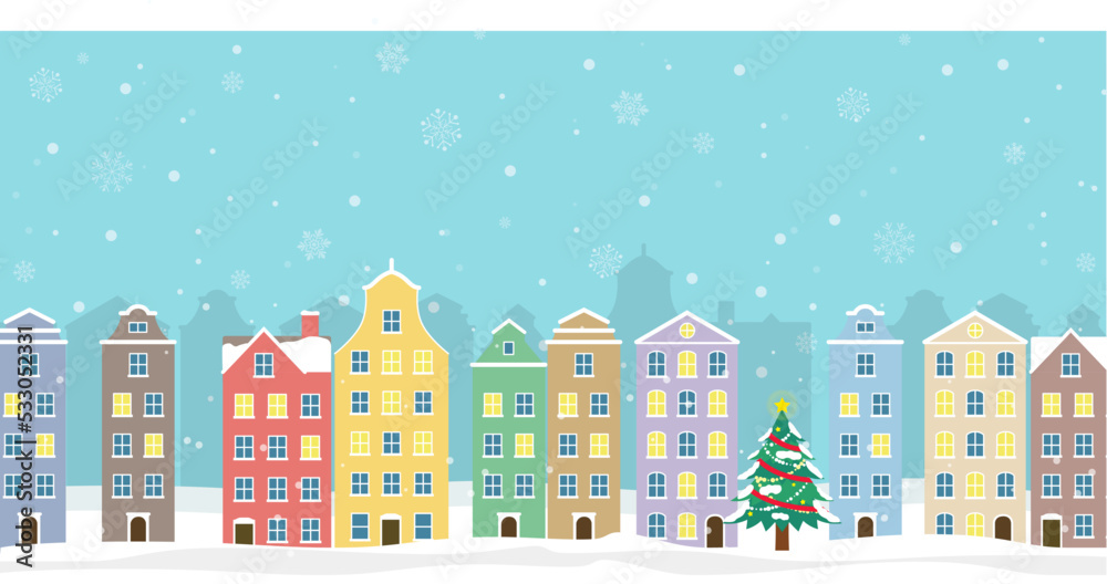冬のクリスマスの街並み（2：1）_ベクターイラスト