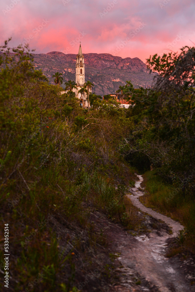 Pink dusk on a hiking trail through the Serra do Caraça mountain range, Santuário do Caraça, Catas Altas, Minas Gerais state, Brazil