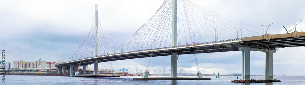 Road cable-stayed bridge across the Petrovsky fairway in St. Petersburg, part of the intracity toll highway Western High-Speed Diameter Road cable-stayed bridge across the Petrovsky fairway in St. Petersburg, part of the intracity toll highway Western High-Speed Diameter