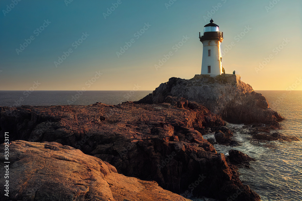 Lighthouse standing on a cliff next to the ocean, beautiful landscape background, 3d render, 3d illustration Lighthouse standing on a cliff next to the ocean, beautiful landscape background, 3d render, 3d illustration