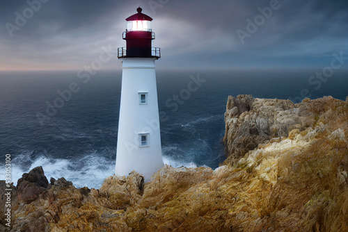 Lighthouse standing on a cliff next to the ocean  beautiful landscape background  3d render  3d illustration