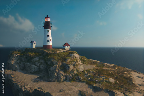 Lighthouse standing on a cliff next to the ocean, beautiful landscape background, 3d render, 3d illustration