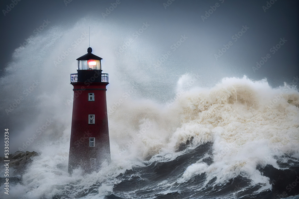 Lighthouse in a storm, waves attacking the tower, 3d render, 3d illustration