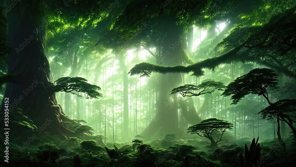 Obraz premium Magical dark fairy tale forest, neon sunset, rays of light through the trees. Fantasy forest landscape. Unreal world, moss. 3D illustration.