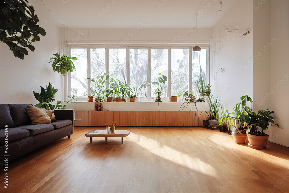 Interior of a bright living room with many green plants, 3d render, 3d illustration Interior of a bright living room with many green plants, 3d render, 3d illustration