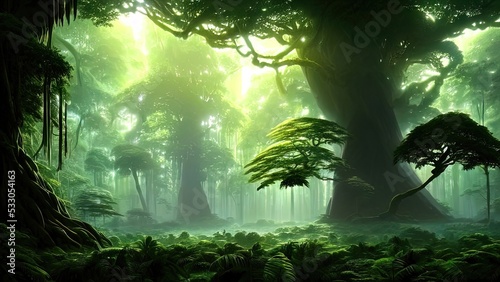 Magical dark fairy tale forest  neon sunset  rays of light through the trees. Fantasy forest landscape. Unreal world  moss. 3D illustration.