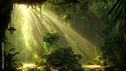 Magical dark fairy tale forest  neon sunset  rays of light through the trees. Fantasy forest landscape. Unreal world  moss. 3D illustration.