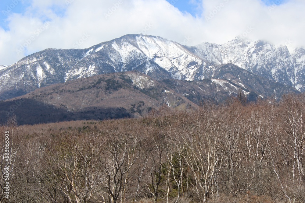 Looking out into the snowy mountains in rural Nagano Prefecture, Japan