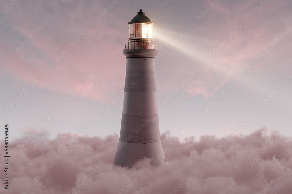 3D rendering of an illuminated lighthouse over fluffy pink clouds