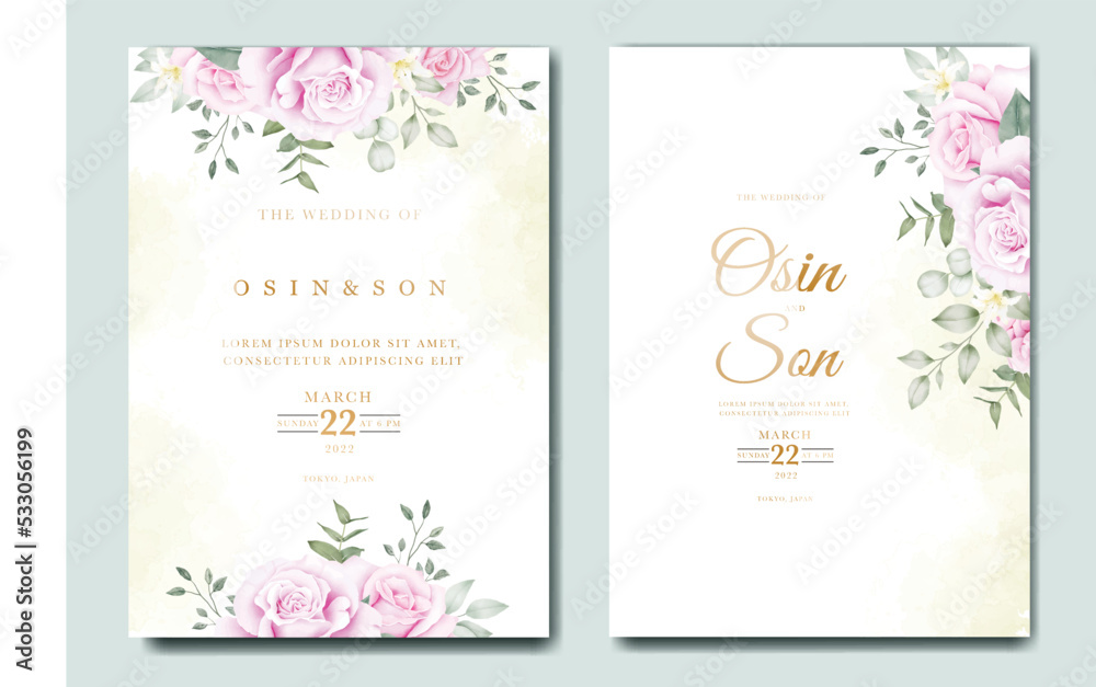 Wedding invitation card template set with beautiful floral leaves 