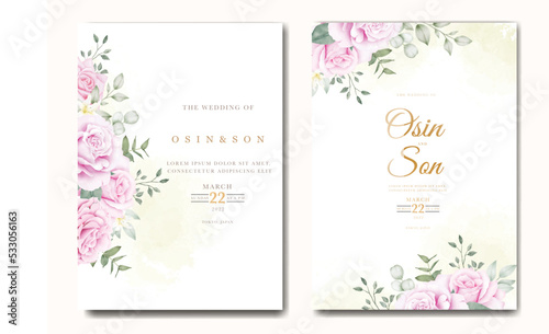 Wedding invitation card template set with beautiful floral leaves 