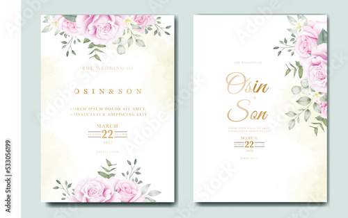 Wedding invitation card template set with beautiful floral leaves 