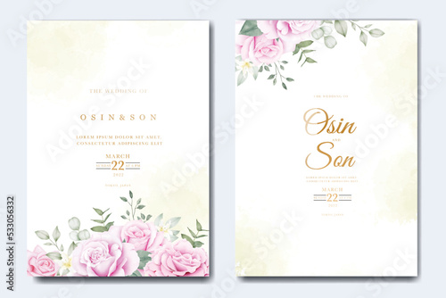 Wedding invitation card template set with beautiful floral leaves  © retno