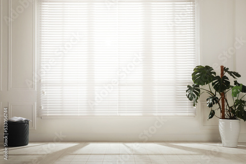 Monstera plant and pouf near large window with blinds in spacious room. Interior design
