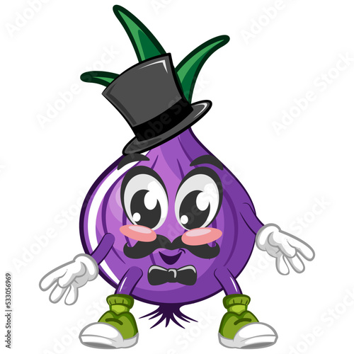 vector illustration of a cartoon character of an onion with a mustache and wearing a long hat and bow tie