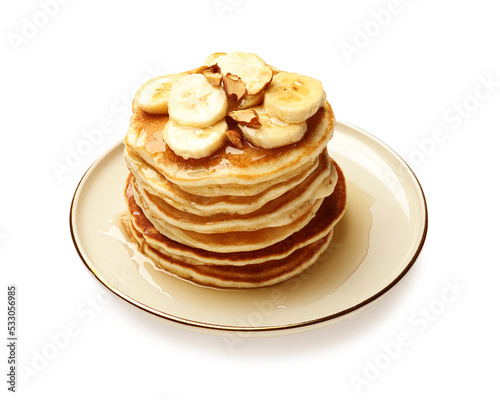 Tasty pancakes with sliced banana isolated on white