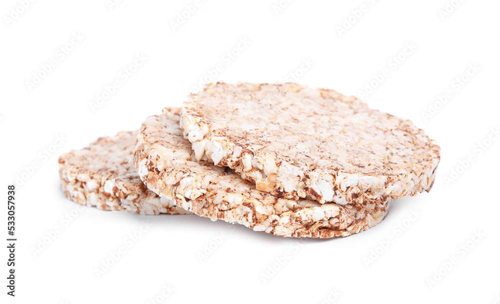 Tasty crunchy buckwheat cakes on white background Tasty crunchy buckwheat cakes on white background
