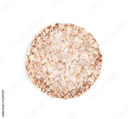 Tasty crunchy buckwheat cake isolated on white, top view