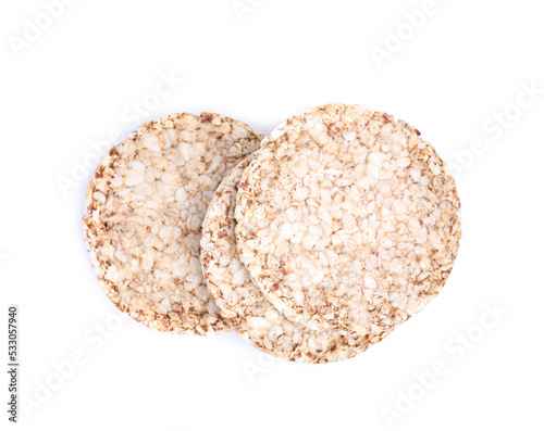 Crunchy buckwheat cakes on white background , top view