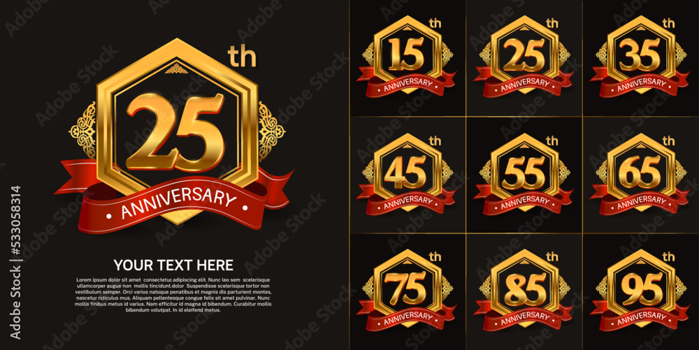 set of anniversary with golden color and red ribbon can be use for celebration moment set of anniversary with golden color and red ribbon can be use for celebration moment