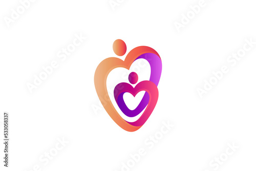 abstract heart logo with mother child shape, family care icons, medical and healthcare vector symbols